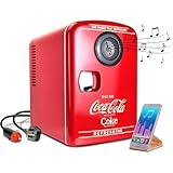 Coke Mini Kühlschrank für Schlafzimmer 4L Kleiner Kühlschrank 6 Dosen Tischkühlschrank Kühler Wärmer mit eingebautem Bluetooth Wireless Lautsprecher für Home Desk Office Food Drinks (Rot)