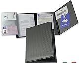 Pubblimania Dokumentenmappe für Auto Motorrad, 3 Türen + Kartenhalter, hergestellt in Italien, für Broschüre, Karte, Versicherung, Stempel oder Reisedokumente (Schwarz Carbon)