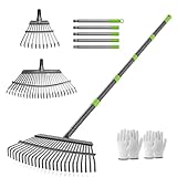 ZHJAN Rechen Garten,25+11 Zinken Laubrechen mit Stiel Metall, Verstellbarer Stiel (70-185 cm),Schwerlast Laub,Gartenharke für Laub, Rasen, Boden,inkl. 2 Handschuhe