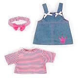 Bayer Design 83853AA Kleidung für Puppen 33-38cm, Jeanskleid mit Shirt, Stirnband, Puppenzubehör, 2+ Jahre, rosa, Jeans, Streifen