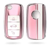kwmobile Autoschlüssel Hülle kompatibel mit VW Skoda Seat 3-Tasten Autoschlüssel - TPU Schlüsselhülle Cover Rallystreifen Sidelines Weiß Hochglanz Rosegold