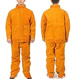 Schweißerkleidung, Nähen Denim Rindsleder Schweißerkleidung Anzug Flammhemmendes Leder Schweißen Grill Sicherheitsarbeitskleidung, Geeignet Für Hochtemperaturorte,Gelb,XXL