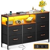 Coleshome Kommode mit Schubladen, mit Farbwechsel-LED-Streifen und 2 USB & 2 AC Ports Steckdosen, Komodenschrank mit 7 Stoffschubladen für Schlafzimmer, Wohnzimmer, 132 * 30 * 89cm, Retro Farbe