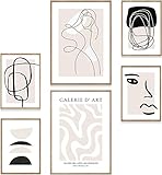 MUUDLY® Premium Poster Set, Moderne Wandbilder für Wohnzimmer und Schlafzimmer, 2 x A3 & 4 x A4, Bilder als Wanddeko (Abstrakte Kunst Line Art Beige, ohne Rahmen)