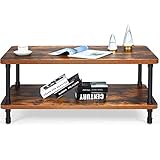 RELAX4LIFE Couchtisch Retro aus Holz, Kaffeetisch mit 2 Ebenen, Sofatisch mit wasserrohrförmigem Metallrahmen, Beistelltisch für Wohnzimmer & Büro & Studierzimmer, bis zu 50 kg belastbar, braun
