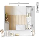 VASAGLE Spiegelschrank Bad mit Beleuchtung, 16,5 x 70 x 75 cm, Steckdosen, Hängekorb, Haartrockner-Halter, Spiegelschrank, Badschrank, Wandschrank, für Badezimmer, wolkenweiß BBK126W01