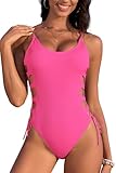 SHEKINI Damen Einteiliger Badeanzug U Ausschnitt Seitlich Ausgeschnittene Träger Bademode Rückenfrei Monokini Strandmode（S，Rosa）