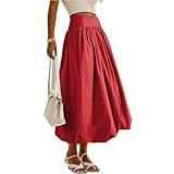 Owegvia Langer Ballon-Rock für Damen, elegant, hohe Taille, einfarbig, A-Linie, lässig, fließende Röcke, Kokosmädchen, ästhetisch, A-Rot, S