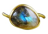 NicoWerk Damen Silberring Labradorit aus 925 Sterling Silber Golden Asymmetrisch mit Stein Elegant Verstellbar Offen SRI775