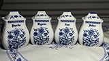 Vintage Zwiebelmuster Porzellan 4 Vorratsdosen mit Deckel, Thymian, Zimt, Paprika und Nelken. 7 cm hoch & 5 cm breit