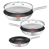 Tefal de-luxe Induktion Pfannenset 5-teilig 20, 24 & 28 cm + Jamie Oliver Glasdeckel 24 cm & 28 cm, Testsieger 2019 Pfannen mit Optimale Hitzeverteilung und Gleitfähigkeit, Induktionsherd geeignet