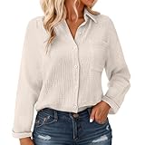 Damen Baumwollgaze Button-Down-Shirt, langärmelig, Crinkle-Struktur-Bluse mit Tasche, leicht, entspannte Passform, lässiges Oberteil für Sommer & Layering, beige, S