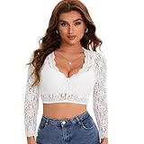 Adisno Dirndl Bluse Damen,Dirndlbluse,Dirndl Bluse,Dirndlbluse Spitze,Elegante Langärmelige Dirndlbluse mit V-Ausschnitt(DE/NL/SE/PL, Numerisch, 38, Regular, Regular, Weiß)