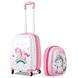 GOPLUS Kinderkoffer 2 TLG. mit Rucksack Kinder Reisekoffer Set Kinder Trolly Kinder Gepäck (Einhorn)