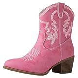 ANUFER Damen Mittlere Wade Cowboystiefel Gestickt Blockferse Seitlicher Reißverschluss Westernschuhe SN079163D Rosa EU43