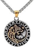 Viking Odin Wolf Fenrir Anhänger Halskette - Wikinger Schmuck für Herren Rune Anhänger, nordische Mythologie Amulett Men's Gold & Silver Stainless Steel Vegvisir Rune Celtic Jewellery Gift