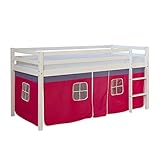 Homestyle4u 538, Kinder Hochbett Mit Leiter, Vorhang Pink, Massivholz Kiefer Weiß, 90x200 cm