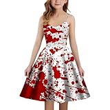 Horroor Braut Kostüm Kinder Halloween Mädchen Halloween Mittelalterliches Kleid Mit Blutbeflecktem Aufdruck A-Linie TräGerlos PartyKostüm für Kinder Elegantes Gothic Abendkleid (White-8, 9-10 Years)