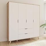 Forte VANKKA Kleiderschrank 185, Skandi Schrank mit 4 Drehtüren und 2 Schubladen, Filigrane Möbelbeine, Holzwerkstoff, Planked Eiche Holzdekor | Weiß, 184,1 cm breit x 201,5 cm hoch x 52,7 cm tief
