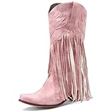 WEHAM Rosa,42,Western-Cowboystiefel mit Fransen für Damen, mittelhohe Reitstiefel mit spitzem, dickem Absatz und breiter Wade, Klassische, bestickte, Bequeme Cowgirl-Stiefeletten zum Überziehen