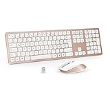 Kabellose Tastatur Maus Set, 2.4G Wiederaufladbare Tastatur und Maus Set mit Hintergrundbeleuchtung, Beleuchtete Tastatur Maus Set mit QWERTZ Layout für PC, Laptop, Tablet, Rosa Gold