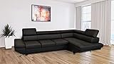 Quattro Meble Schwarzes Long-Life Echtleder Ecksofa Varsovia Pik 305 x 173 Sofa Couch mit Bettfunktion und Kopfstützen Echt Leder Eck Couch Leder Toledo (305 x 173 cm Ecke Rechts)