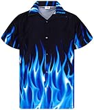 King Kameha Funky-Hawaii-Hemd, Herren, Kurzarm, Flames, Blau, S