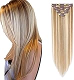 Rich Choices Clip in Extensions Echthaar 8 Stück Clip Extensions 20cm #12/613 Blonde Strähnchen Unsichtbare Haarverlängerung Echthaar Clip ins Remy Seidig Gerade Natürlich - Dünne Tressen