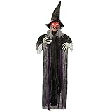 213,4 cm Halloween hängende Hexe Dekoration mit Geräuschaktivierungsfunktion, hängende animierte sprechende Hexe mit runden Augen für Halloween Spukhaus Requisite,