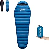 QEZER Daunenschlafsack für Erwachsene and Kind, leichte Winter Schlafsack Outdoor 8°C ~ -20°C für Camping und Bergsteigen mit 660 FP Duck Down (Blau, 500g Daune)