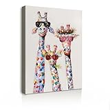 Leinwand Bilder Wandbild 30x40 cm mit Rahmen – Bunte Giraffen im -Design, Kunstdruck auf Leinwand, Ideal für Wohnzimmer, Schlafzimmer oder Kinderzimmer, Mit fixierten Haken und ohne Spuren Nägeln