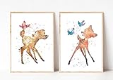 Din A4 Kunstdruck ohne Rahmen 2-teilig - Reh Hirsch Rehkitz Kinderzimmer Aquarell Wasserfarbe Vogel Geschenk Druck Poster Bild