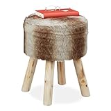 Relaxdays Fellhocker, Deko Hocker Kunstfell, Sitzhocker mit Holzbeinen, rund, rustikal, H x D: 42 x 33 cm, grau/braun, 1 Stück