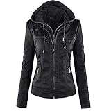 Newbestyle Lederjacke für Damen, Reißverschluss, Mantel mit Kapuze, kurz, Schwarz , 48