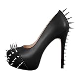 blingqueen Stiletto High Heels Runde Zehen Pumps Plateau Damenschuhe Slip on Punk Stil mit Nieten Glattleder Schwarz 44 EU