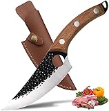 ZQD 6-Zoll Japanisches Messer mit Lederhülle,Geschmiedetes Kochmesser Küchenmesser mit Fingerloch Holzgriff,Scharfes Ausbeinmesser Outdoor Hackmesser für Gemüse und Fleisch
