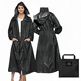 LAMA Stilvoller langer Regenmantel Unisex Regenponcho mit Wasserdichte Pattentasche Kapuze Tunnelzug Erwachsene Regenbekleidung Regencape Regenjacke Raincoat Regenschutzbekleidung Damen, Schwarz XL