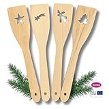 homiez Pfannenwender Holz Set 4-teilig – Buchenholz Küchenhelfer 30cm – X-MAS Edition mit Stern, Elch, Tanne & Komet – Buchenholz Kochutensilien Weihnachten Geschenkidee