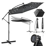 Juskys Ampelschirm Brazil 350 cm LED Beleuchtung Solar & Kurbel - UV-Schutz wasserabweisend knickbar - Hülle - Sonnenschirm Marktschirm grau