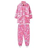 Regenhose für Kinder mit verstellbarem Bund Hosenträgern Kinder Jungen Mädchen Dinosaurier Regenbogen Bedruckte Regenjacke mit Kapuze Winddichter Regenmantel Kinder Langarm Regenjacke 128 Jungen