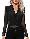 Tuopuda Damen Dessous Body V-Ausschnitt Babydoll, Spitze Bodysuit Netz Bluse Top, Reizwäsche Negligee Langarm Unterwäsche Lingerie Party Rave Outfit, Schwarz-5, S