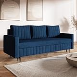 MOTIVENA Leo Sofagarnituren, 3 Sitzer Sofa mit Bettfunktion, Schlafsofa 215 cm Breit, Klappsofa mit Schlaffunktion, Bettsofa mit Schlaffunktion, Taschenfederkern (H3), Samt Sofa Blau