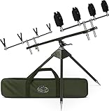 normani Rutenhalter Ruten-Set Rutenauflage Rod Pod mit Bissanzeiger und V-Auflage Rutenständer aus Aluminium für 4 Ruten mit Teleskopfüßen Angel-Ständer mit Transporttasche Farbe Olive