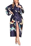 VOGMATE Kimono Bademantel Damen Lang 3XL Große Größen Satin Morgenmantel Leicht Japanisch Kimono Yukata Drache Marineblau