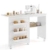 GIANTEX Nähtisch klappbar, Nähmaschinentisch auf Rollen, Nähtisch für Nähmaschine, Nähschrank Holz, Mehrzwecktisch für Wohnzimmer Arbeitszimmer Schlafzimmer (weiß)