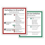 tradercat Aufkleber Verhalten im Brandfall und bei Unfällen - als Set - ISO7010 ISO 7010-18cmx20cm Warnaufkleber/Hinweisaufkleber für Innen und Aussen mit UV-Schutz-, Hinweis/Gefahr Schild