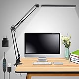 Schreibtischlampe LED,15W Dimmbar Klemmbar Tischlampe Bürolampe,Verstellbarem Arm Faltbar,3 Beleuchtungsmodi mit 10 Helligkeitsstufen,USB-Kabel mit Stecker,Geeignet für Büro, Lesen[Energieklasse A+++]