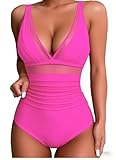 Sangdut Badeanzug Damen Bauchweg Sexy V Ausschnitt Badeanzüge Mit Cups Mesh Einteilige Bademode Push Up Monokini Swimsuit(Rosa,XL)