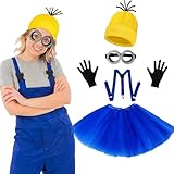 Karneval Kostüm Damen, 5 Stück Karneval Kostüm Gelb Hut Brille Schwarz Handschuhe Hosenträger und Blau Röcke, für Karneval Halloween Cosplay