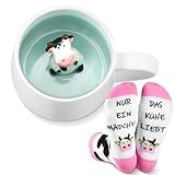 Nuenen 2 Stück Kuh Geschenksets Süße Socken Kuschelsocken Unisex Colours Lustige Socken mit Motiv Keramik Kaffeetasse 3D Tier Becher Nette Kuh Innen Geschenke für Freunde